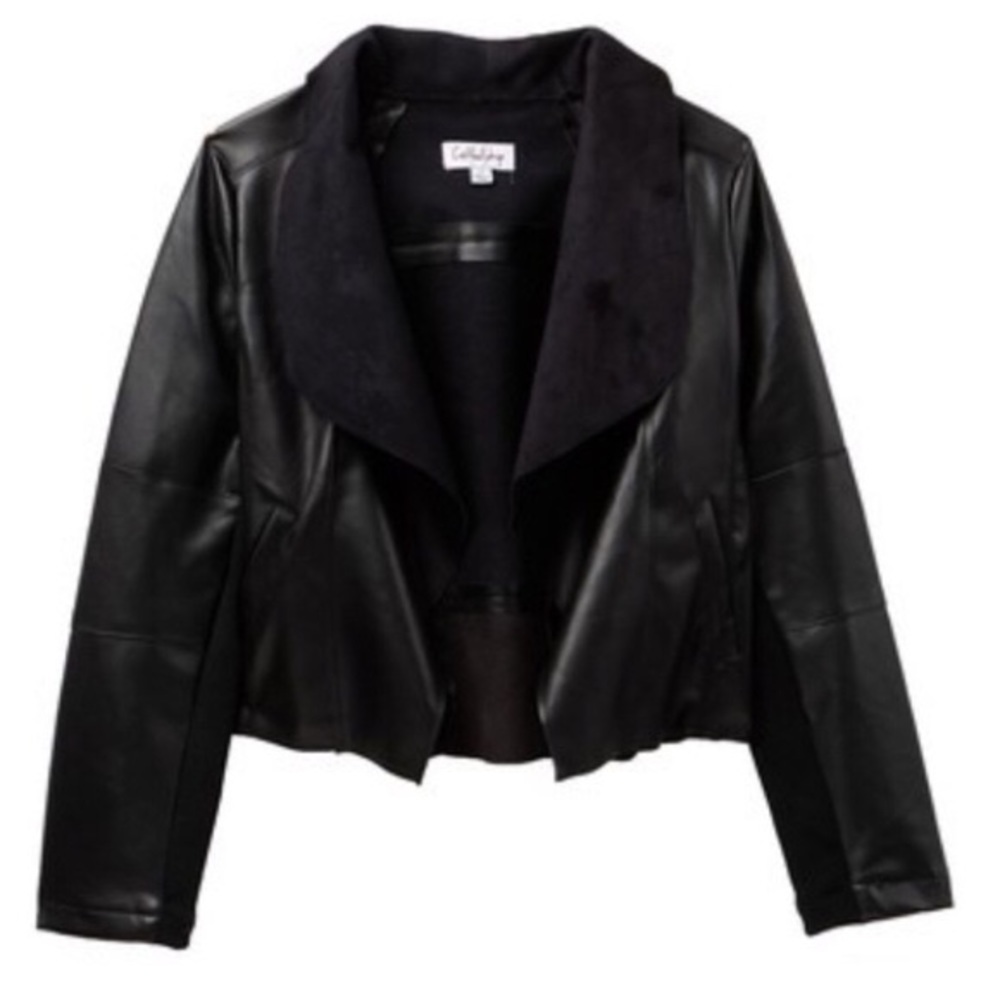 NWOT coffee shop faux leather drape front jacket